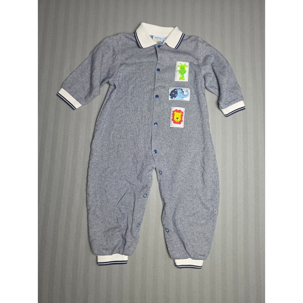 Vintage Authentic Baby Blue Pinstripe Animal Patch Coverall 24 Months Cotton